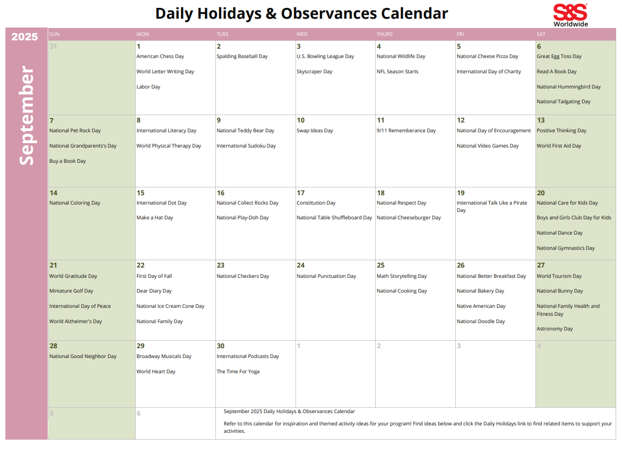 September Daily Holidays &amp;amp; Observances Printable Calendar - S&amp;amp;S Blog - National Days September 2025