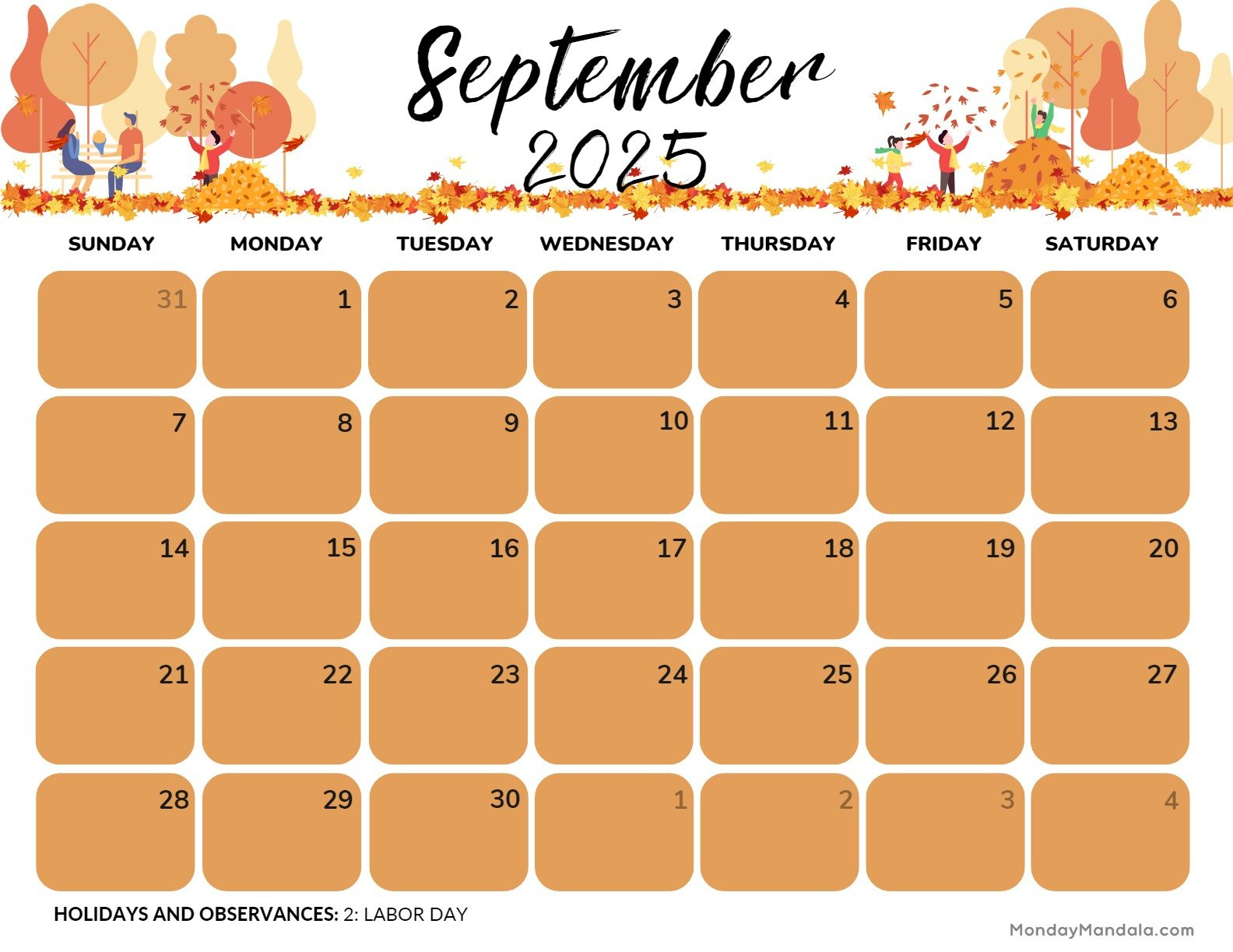 September - September 2025 Calendar Monday Mandala