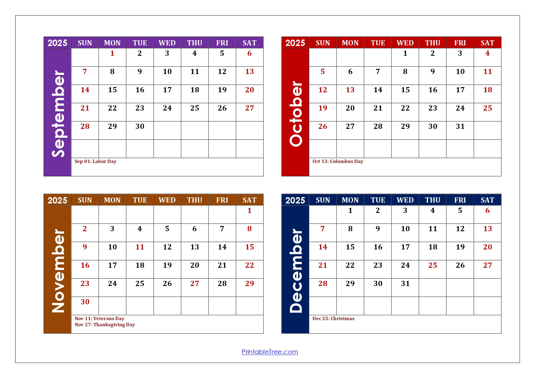 September To December 2025 Calendar Printable Pdf | Four Months - Calendar 2025 September To December