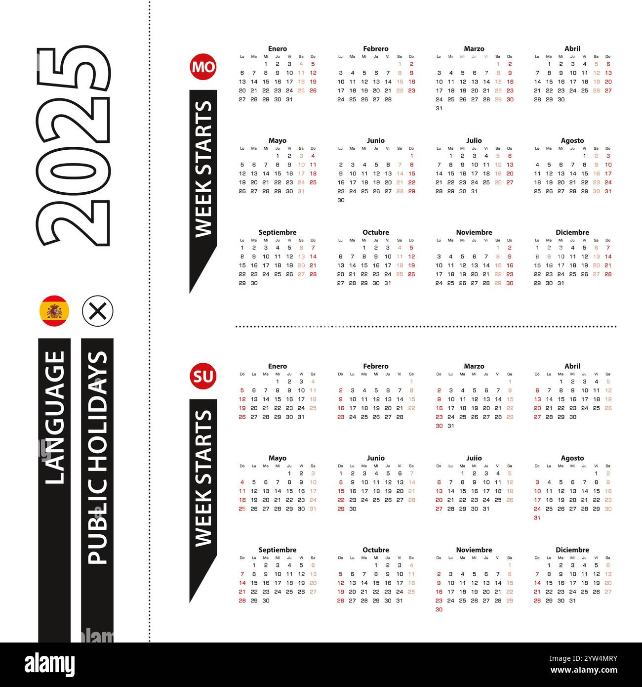 September Vector Flat Daily Calendar Hi-Res Stock Photography And - September 2025 Calendar In Spanish