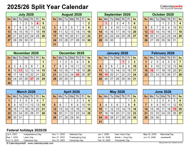 Calendar September 2025 to July 2026